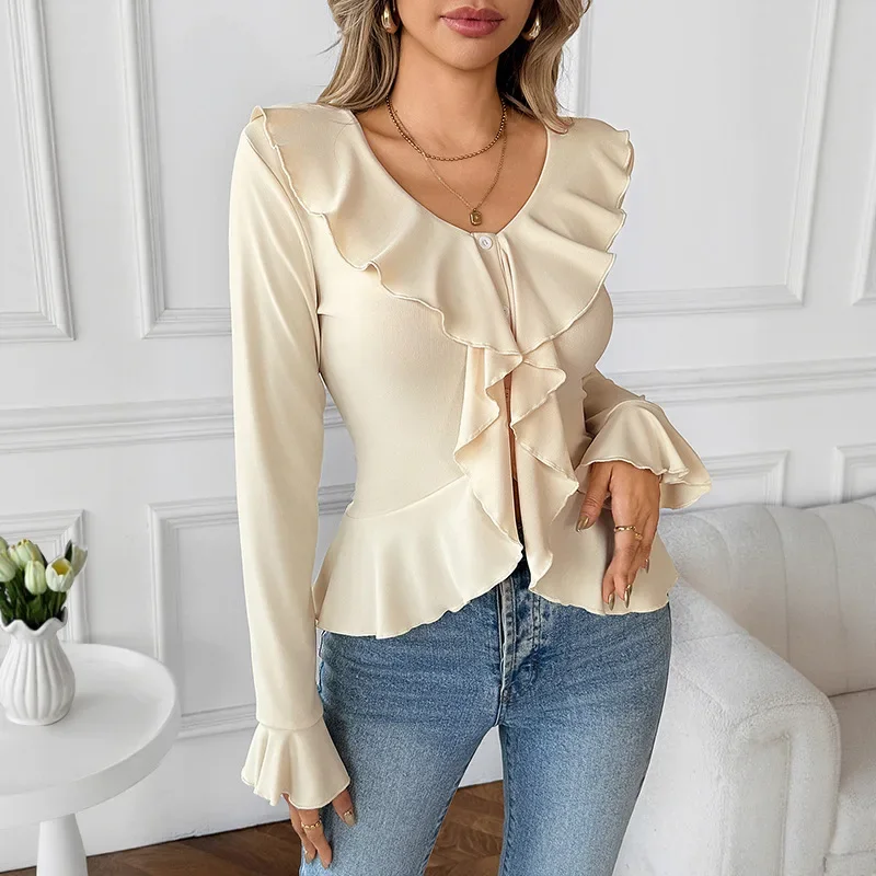 

2026 Spring and Autumn New Elegant Top Waist Flared Sleeve Lotus Leaf Edge Solid Color T-Shirt