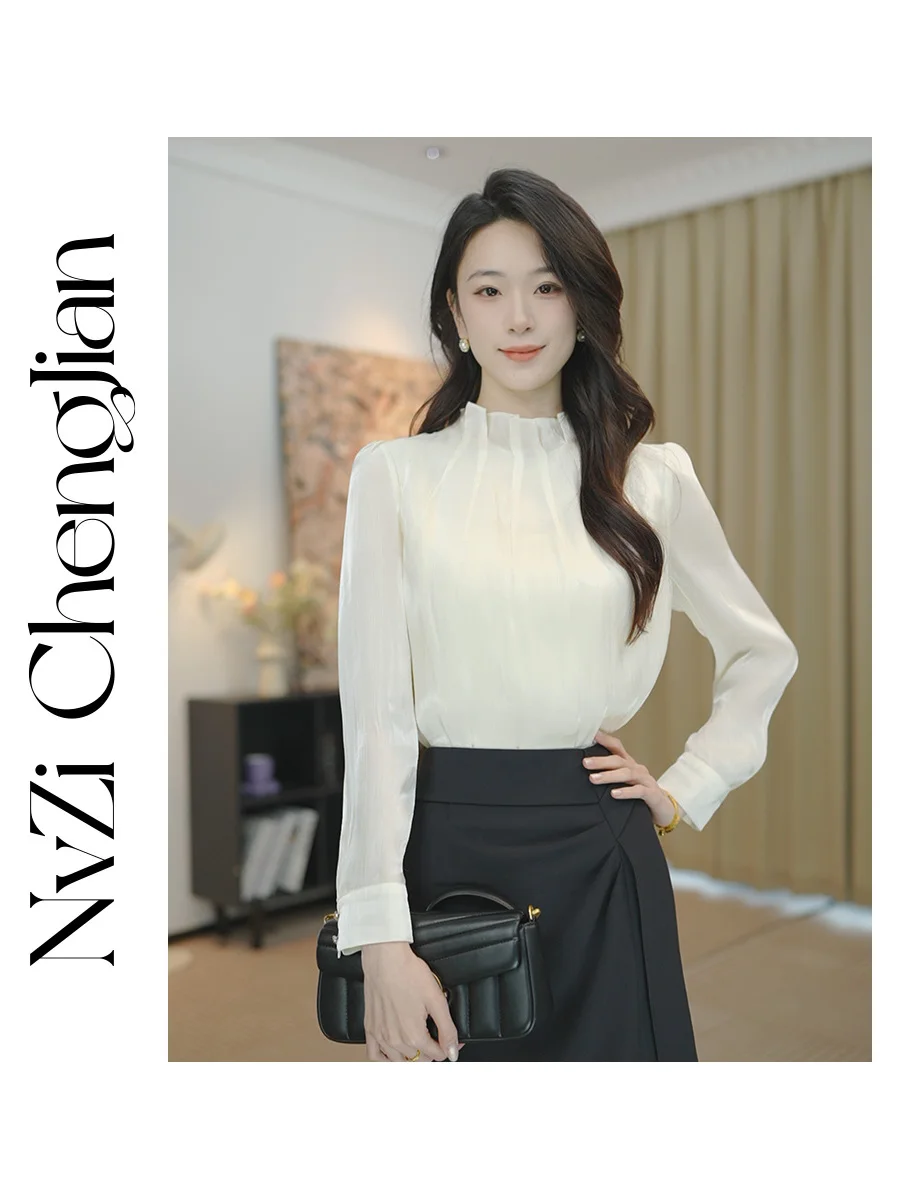 

Women's Cloud Woven Silk Luminous Beige Flowing iny irt Stand Collar Faionable Top Polyester Fiber Long Sve Regular Fit