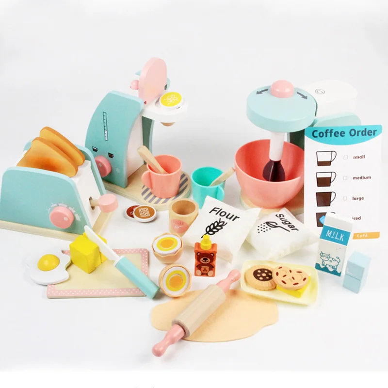 Wooden Kitchen Pretend Play Toy Simulation Wooden Coffee machine Toaster Machine Food Mixer Baby Early Learning Educational Toy