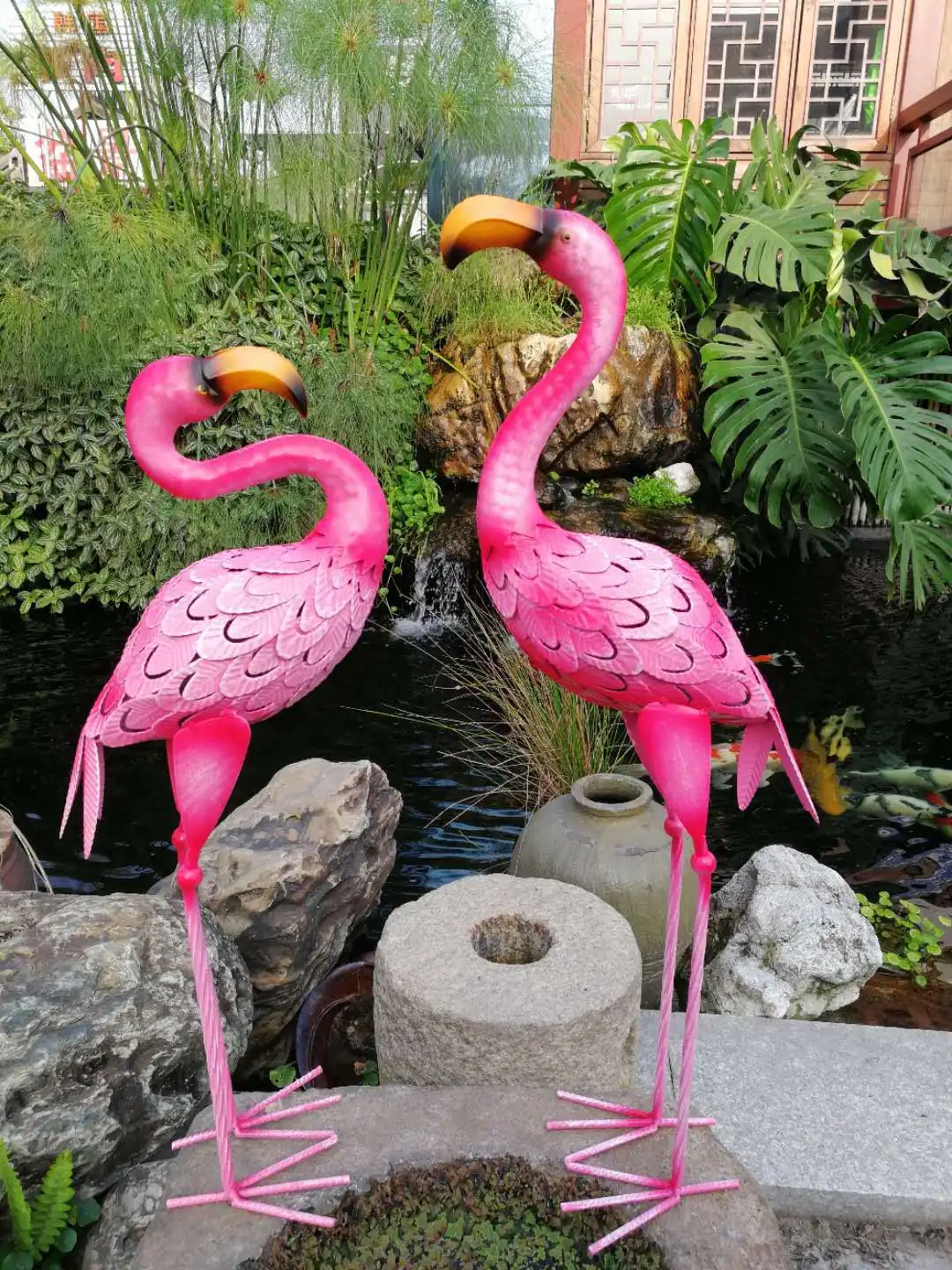 Pair of Tall Pink Flamingo Sculptures Yard Statues Outdoor Garden Balcony Porch Decoration Metal