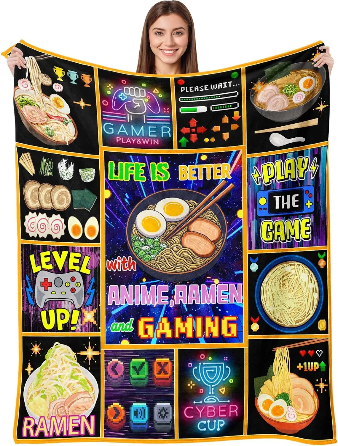 Anime Ramen Game Pixel Neon Print Flannel Throw Blanket Soft Cool Black Sofa Bedroom Trendy Teen Hobby Home Decor Present