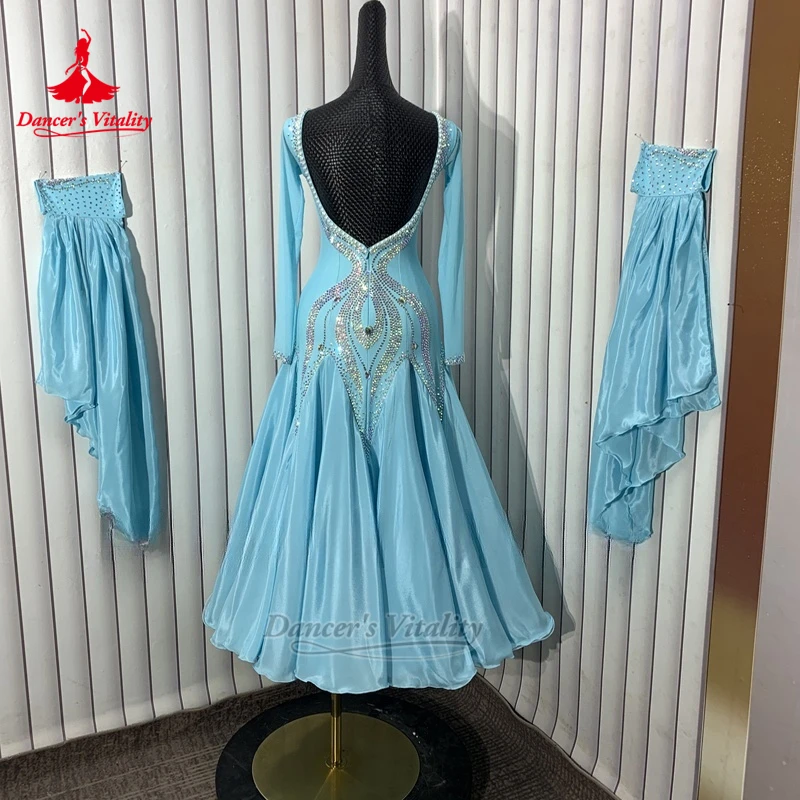 Wiener Walzer AB-Steine, lange Ärmel, umwickelte Hüften, Kleid, individuell anpassbare Tänzersvitalität, Gesellschaftstanz für Erwachsene, Führungskleidung und Wettbewerb