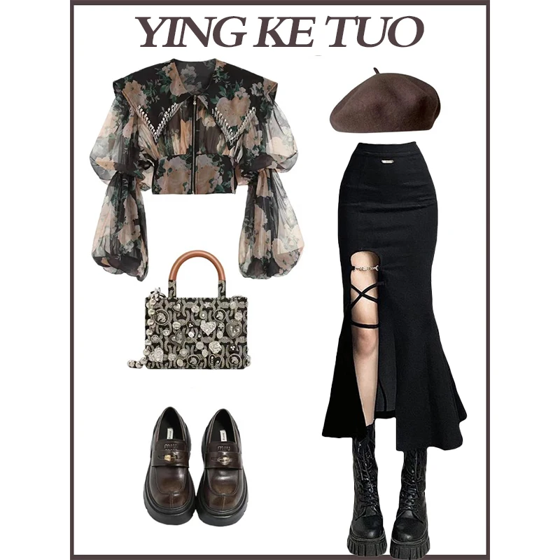 

Retro Floral Print Women's irt Autumn 2025 Ele Design Asymmetrical Slimming Split f Skirt French Sle Straight Cut