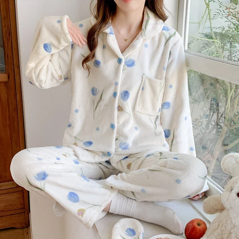 2023 Winter Long Sleeve Print Thick Warm Flannel Pajama Sets For Women Korean Loose Sleepwear Suit Pyjamas Homewear Home Clothes