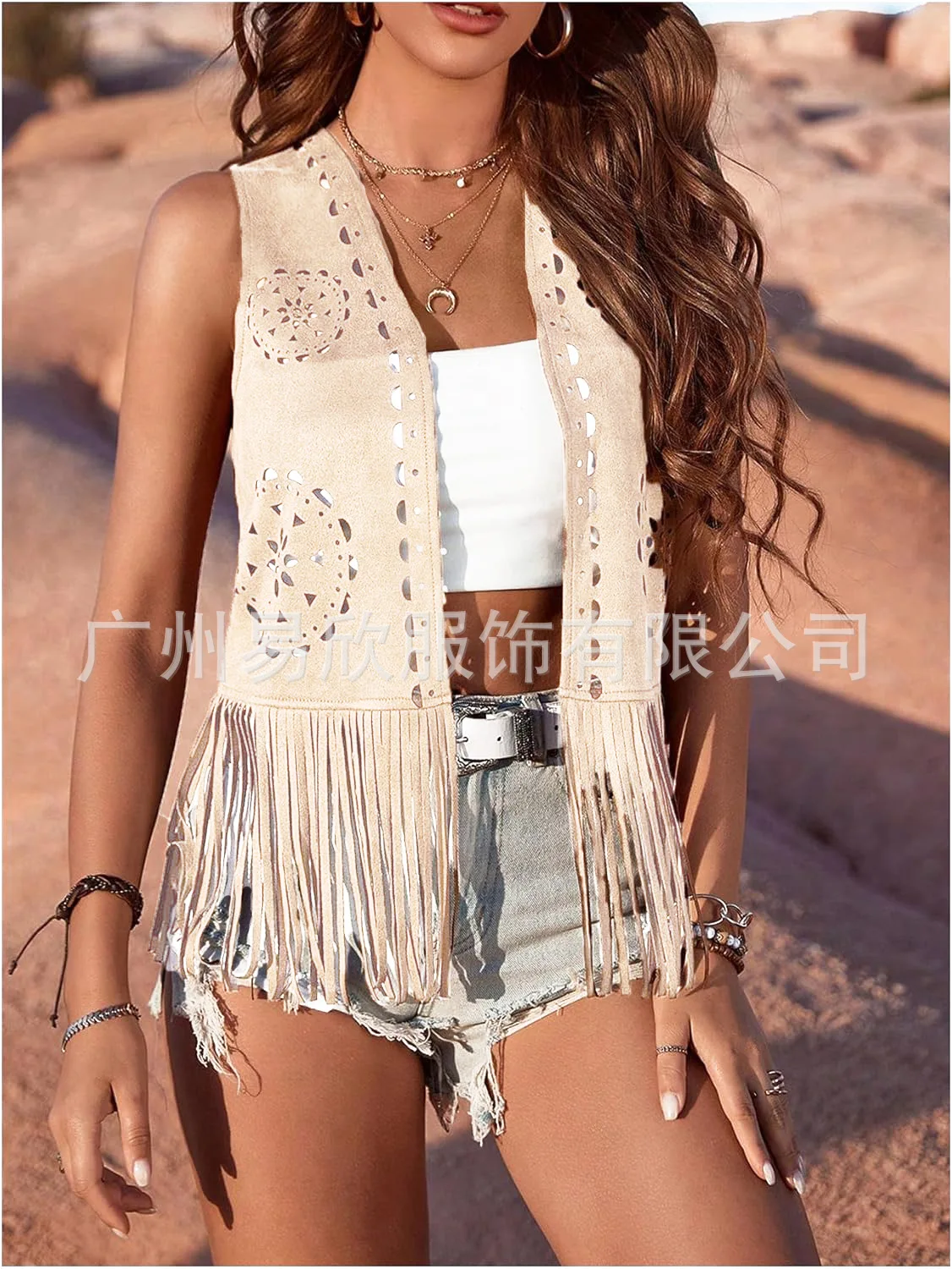 Western Fringe Vest for Women - Vintage Faux Suede Waistcoat with Tassel Trim, Boho Hippie Open Front Sleeveless Jacket