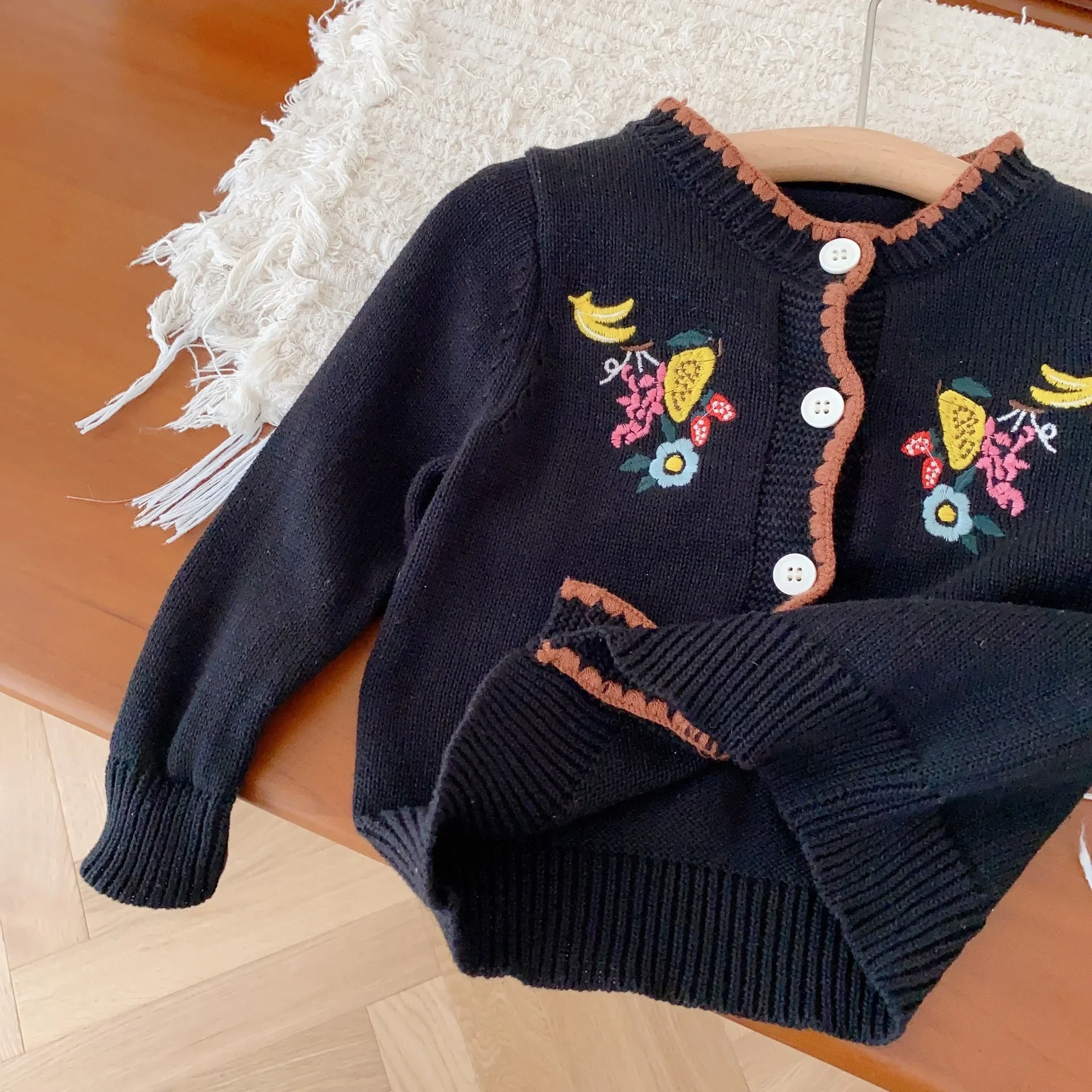 Fashion Autumn Knitted Sweaters for 0-6 Years Old Girls Plant Print Brown Border Toddler Cardigan Single Breasted Kid Clothes