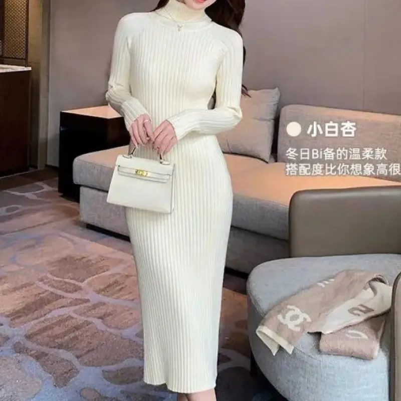 Autumn Winter White Sweater Dresses Fashion Female Black Long Sleeve Skinny Casual Blue Turtleneck Kintted Wrap Hip Dress Women