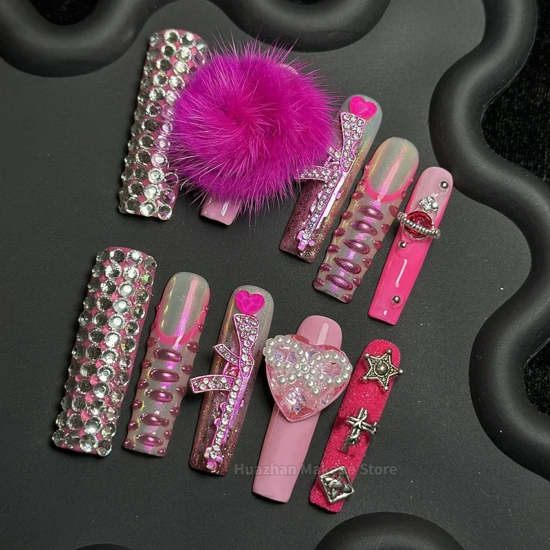 Handmade Extra Long Y2K False Nail Tips Glittery Rhinestone Press On Nails Reusable Custom Short Full Cover Fake Nail With Glue