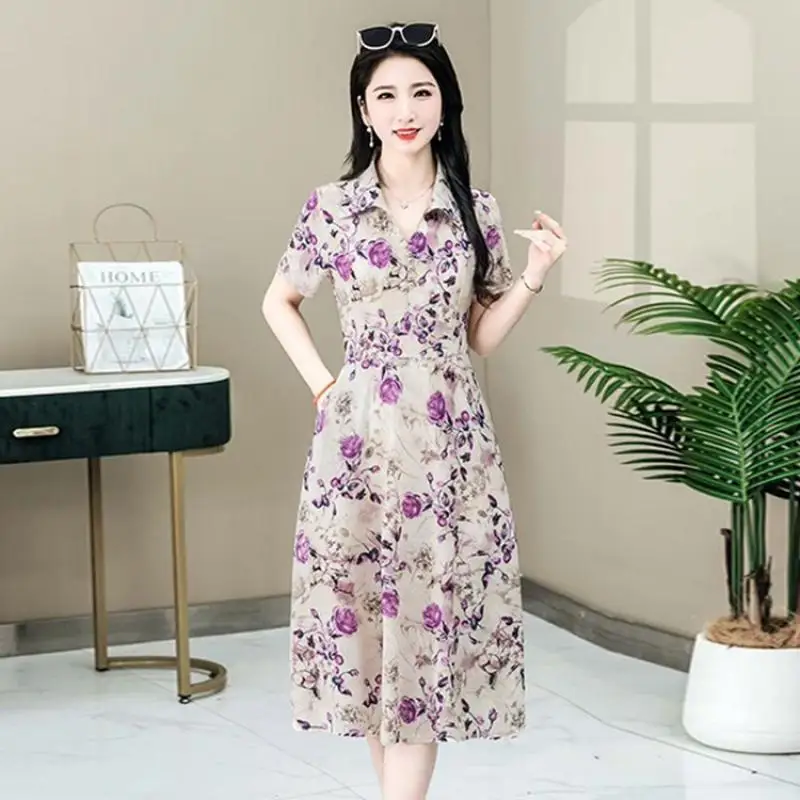 Robe mi-longue à manches courtes pour femmes, imprimé Floral, élégant, col rabattu, vêtements d'été, Slim, assorti avec tout, décontracté, boutons