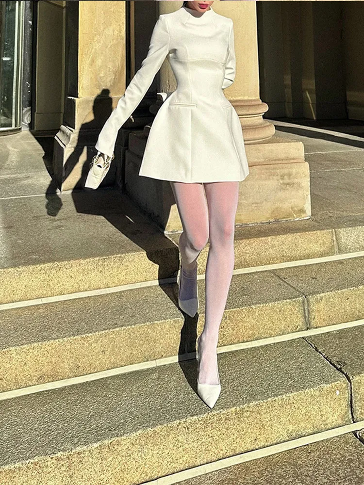 المرأة طويلة الأكمام عارية الذراعين فستان قصير مثير أنيق الخريف الشتاء س الرقبة عالية الخصر سليم صالح ثوب موضة سيدة نادي فساتين الحفلات