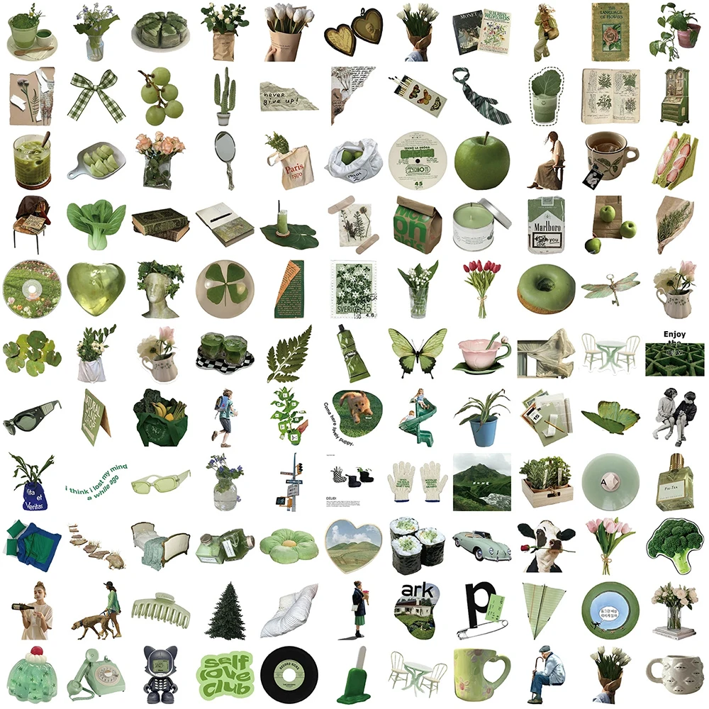 10/30/50/124개 한국 올리브 그린 인스 스타일 스티커 만화 감성 데칼 물병 노트북 전화기 스티커 장식