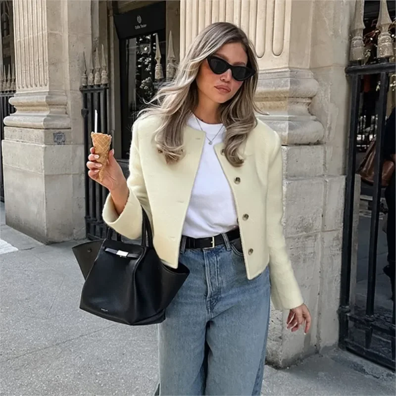 Fmxires Women'sAutumn Slim Short Knitted Cardigan Jacket Retro Round Neck Gold Breasted Decoration Elegant Women's Casual Jacket