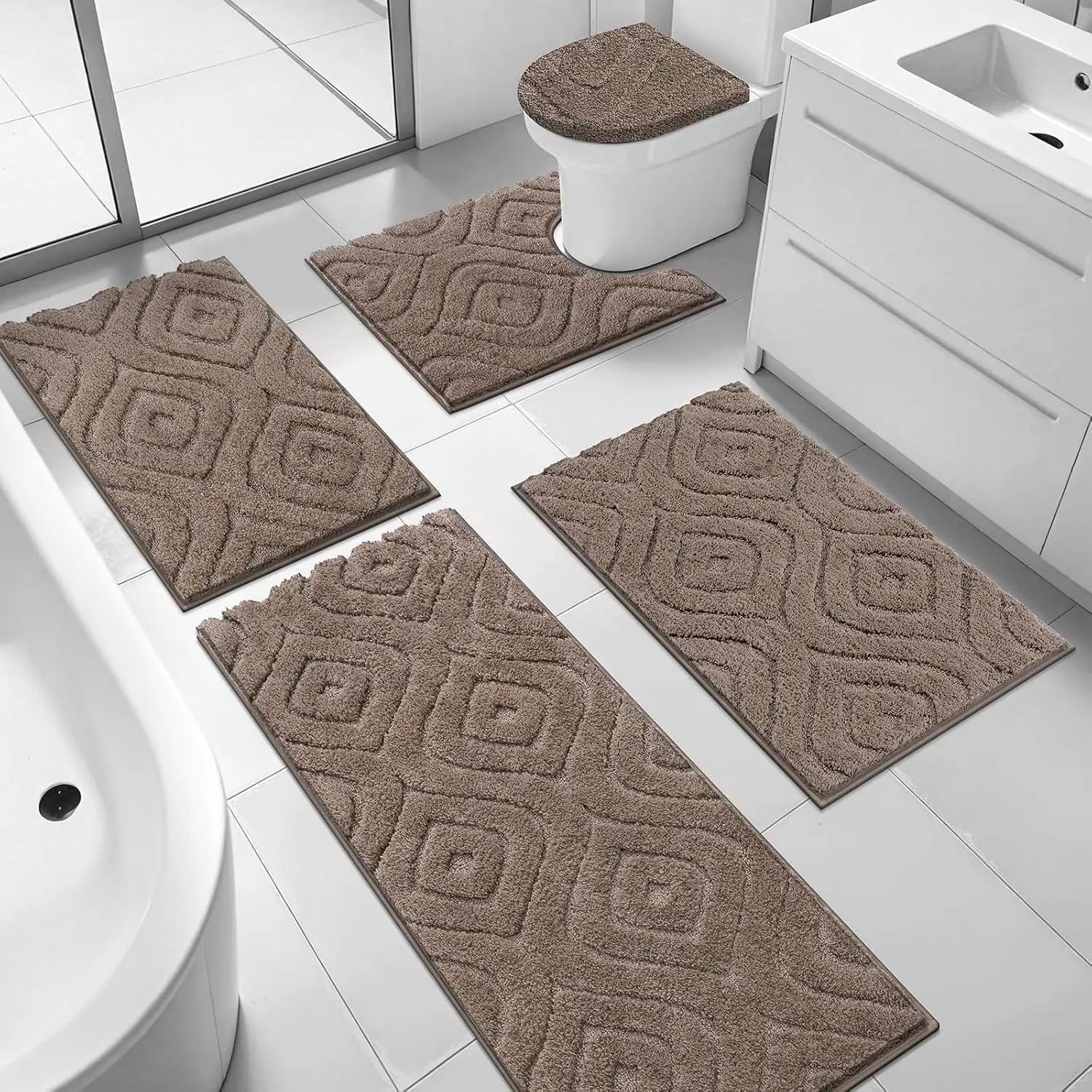 

5-Piece Ultra Soft Absorbent Bath Mat Set, Non-Slip Washable Rug with Toilet Cover and Runner for Bathroom
