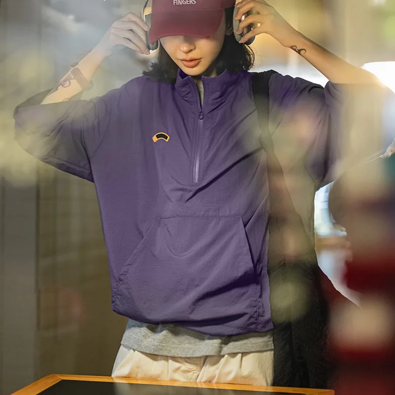 Maden femme Vintage demi-fermeture éclair col montant pull veste Cityboy extérieur sweat à capuche décontracté sport urbain Streetwear