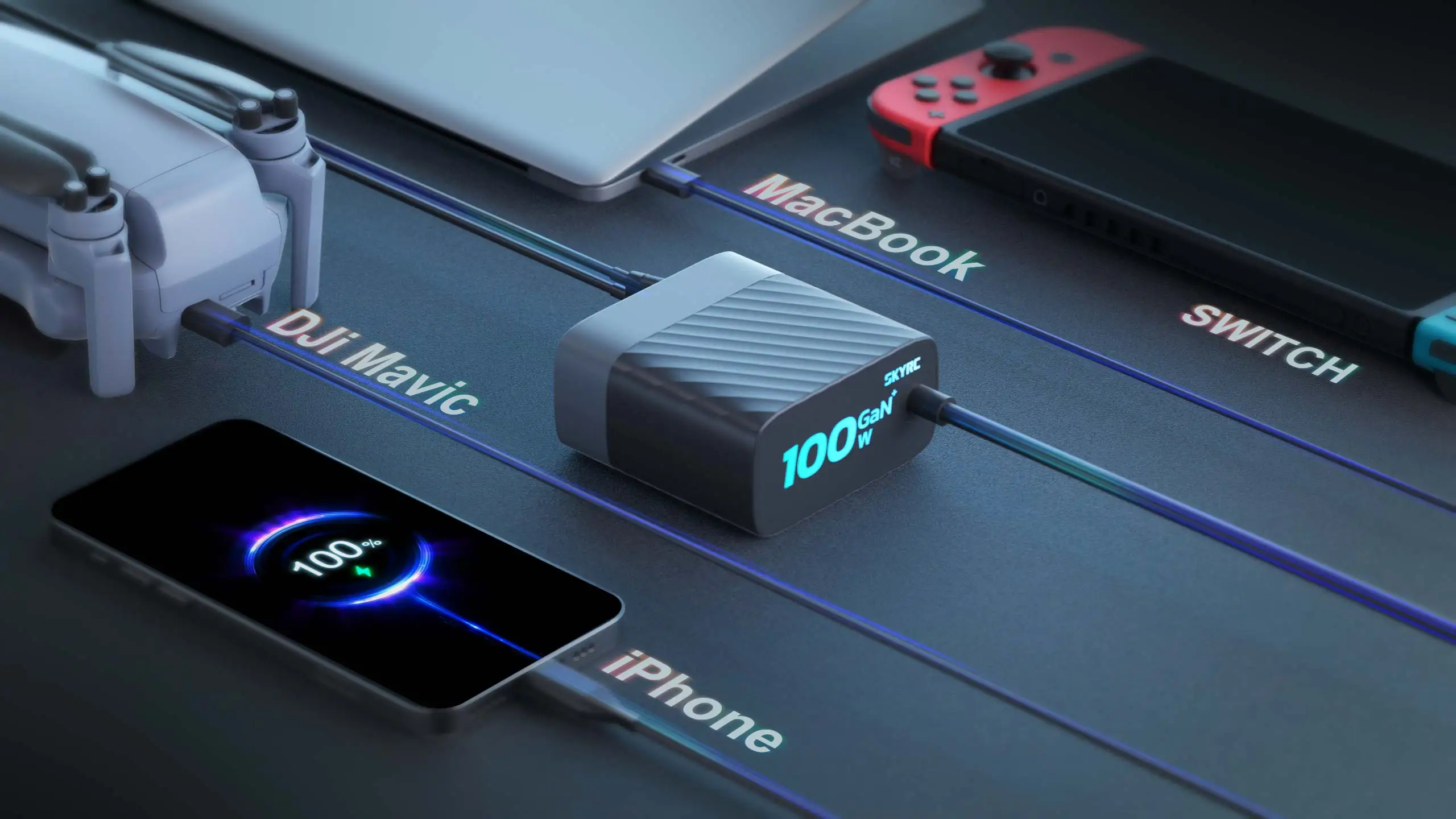 

Зарядное устройство SkyRC PDC100 100 Вт GaN — встроенный USB-C, PD/QC, 100–240 В для радиоуправляемых устройств, телефонов и ноутбуков