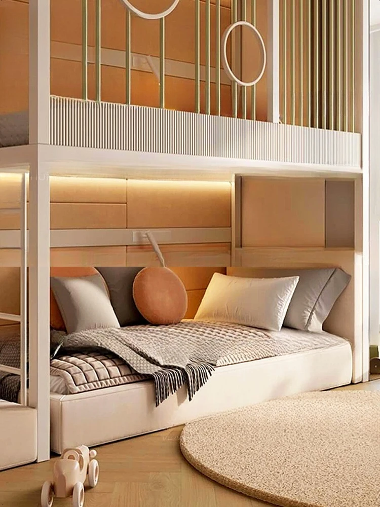 سرير علوي وسفلي حديث وبسيط، سرير عالي وسفلي من الخشب الصلب بطول 1 متر 2 سرير بفتحة دائرية سلم