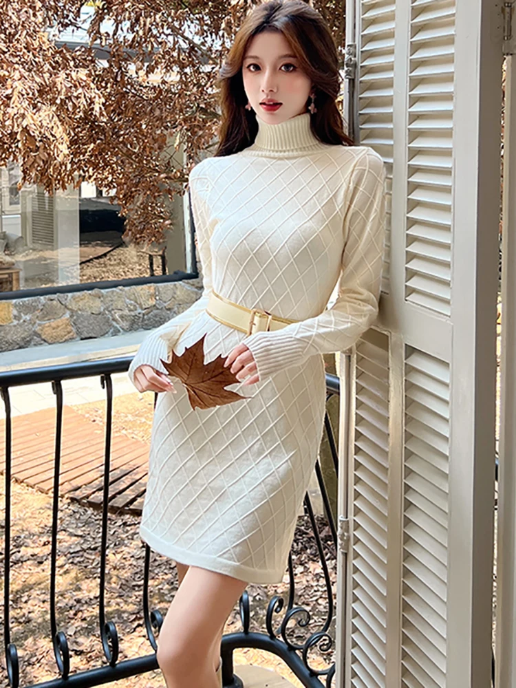 Otoño Invierno blanco tejido a cuadros Chic vendaje Mini vestido mujeres elegante ceñido al cuerpo vestido de cuello alto 2025 vestido de fiesta de moda coreana
