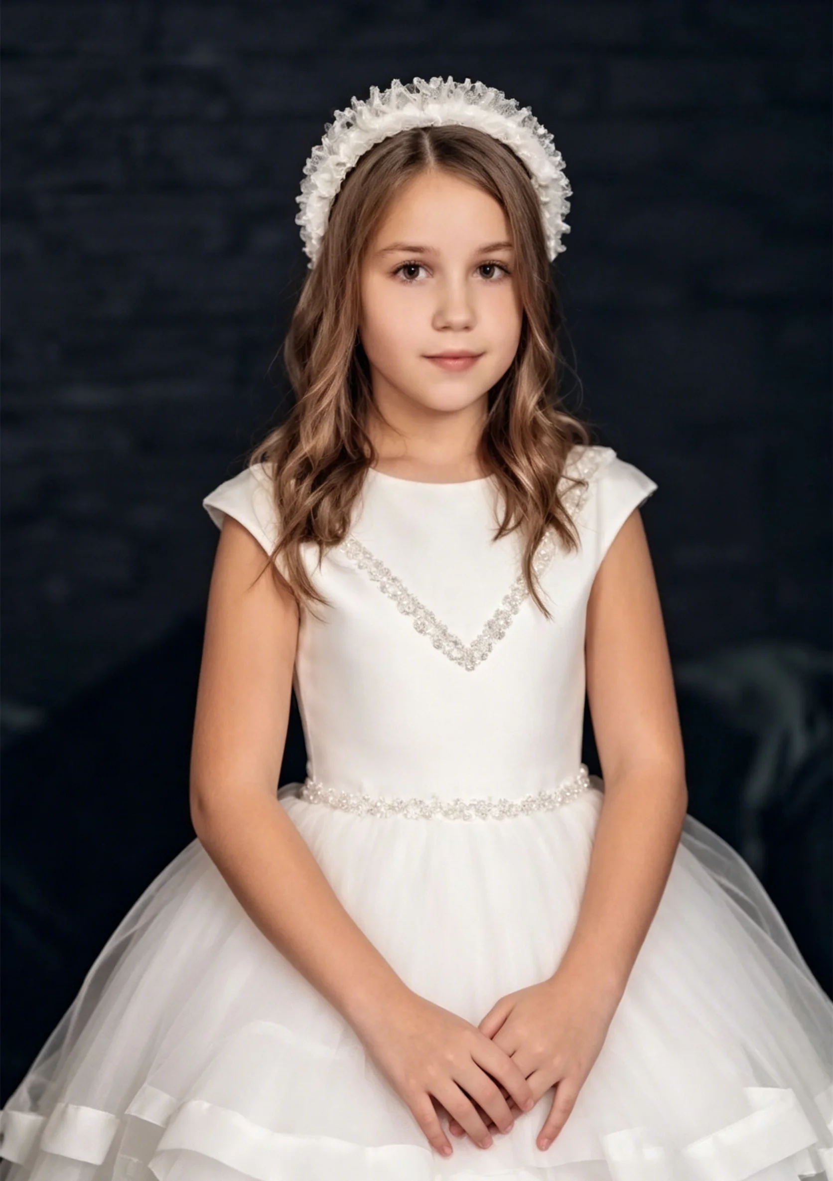 Prinzessinnen-Satinkleid für Blumenmädchen, individuell gestaltet, für Hochzeiten, runder Kragen, V-Rücken, gestuft, für Kindergeburtstage, Erstkommunion