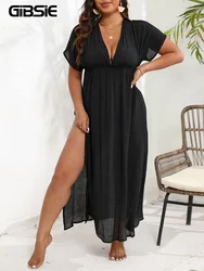 GIBSIE Plus Size Sexy Deep V Neck Backless Bikini Cover Up Women Summer 2024 New Vacation Casual High Split Long Beach Dresses