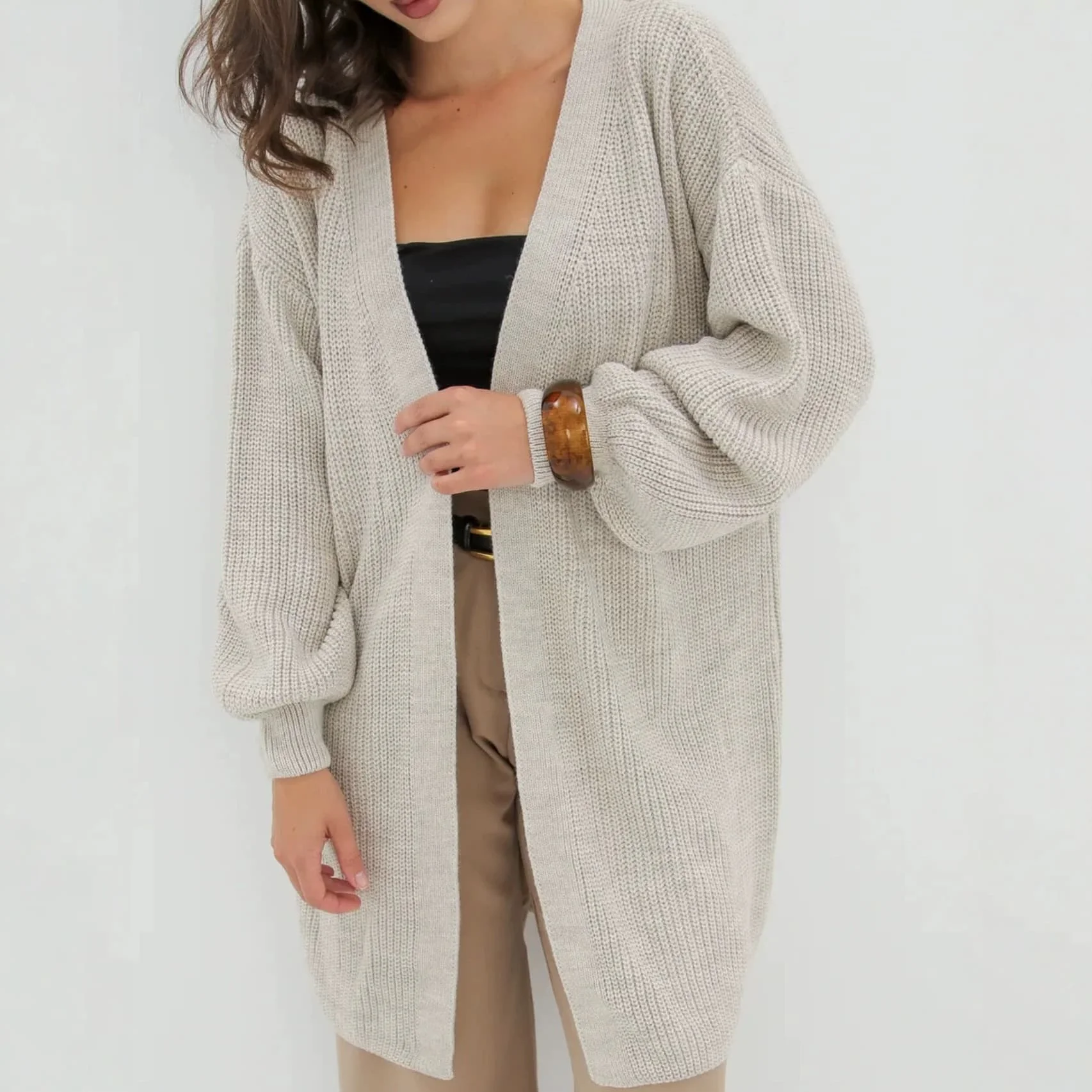 Women's Polyester Solid Color V-Neck Knit Cardigan Loose Mid-Length Casual Sweater for Vacation Beach Yoga Use