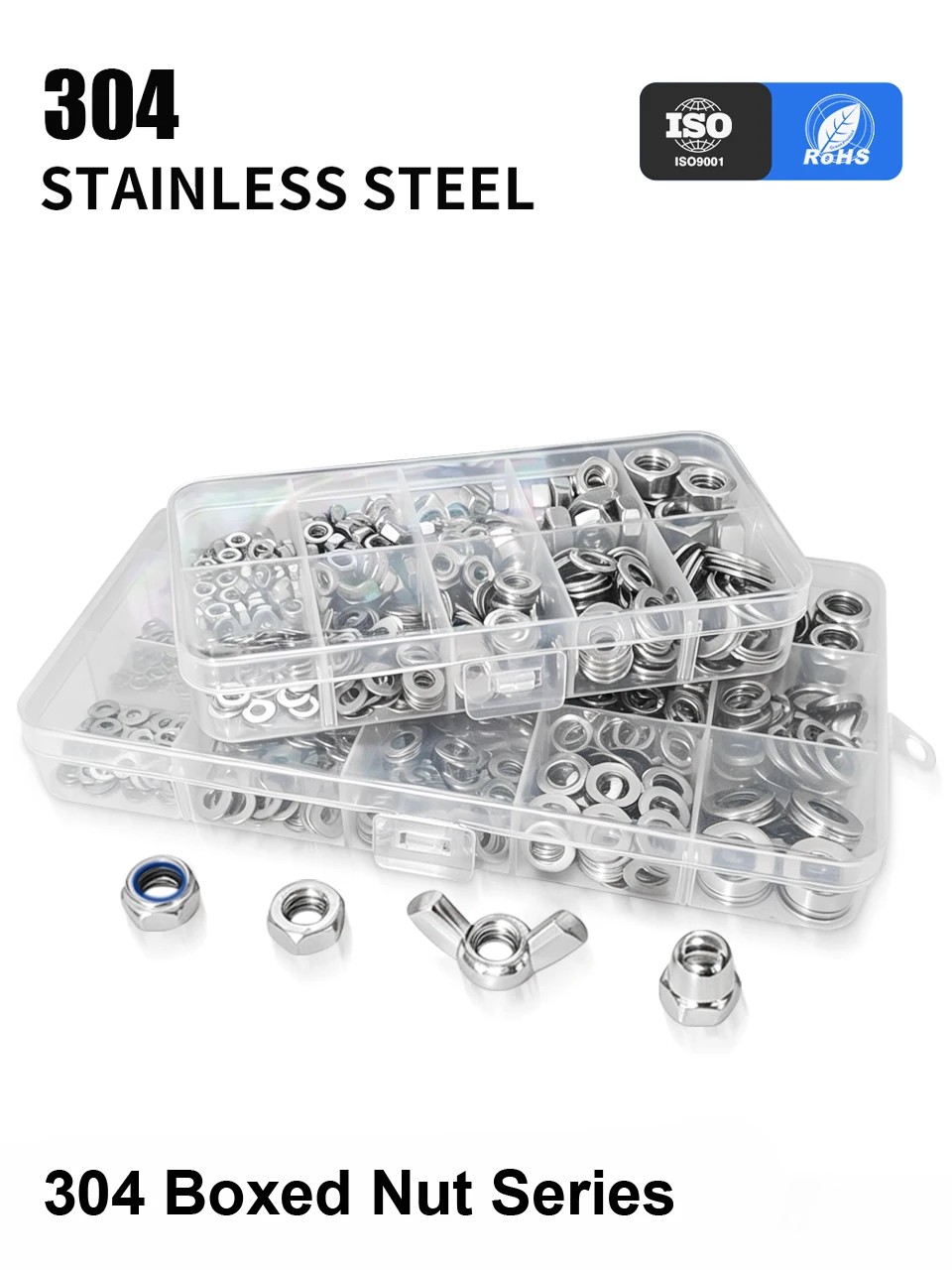 Edelstahl-Mutter-Flachfederscheiben-Kombinations-Box-Set SS304 M3-M8 DIN934DIN985DIN1587DIN315 Sechskant-Sicherungskappe Flügelschrauben-Set – Detail 1