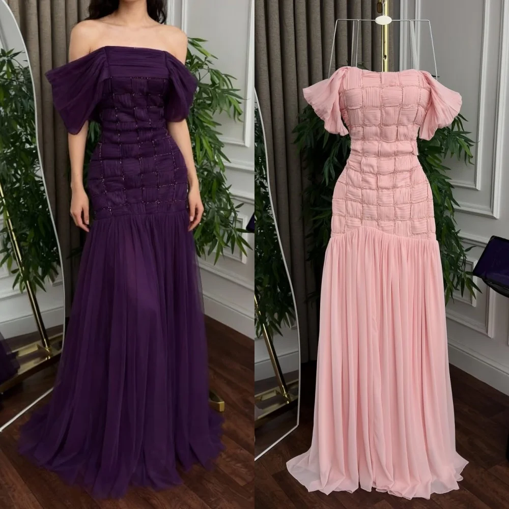 

Customized Exquisite Matching Chiffon Pleat Ruched Beading A-line Off-the-shoulder Long Dresses Bespoke Occasion Dresses Retro