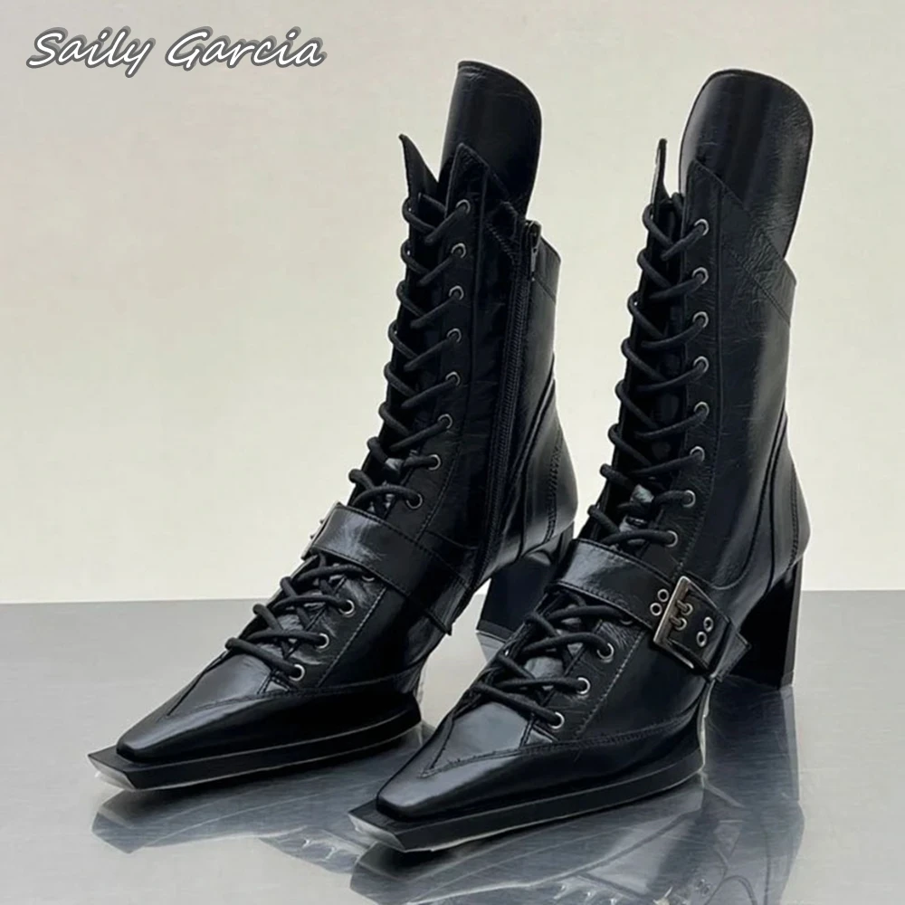 Retro Punk Style Mid Heel Cowboy Motorcycle Boots 2024 New Fashion INS Style Cool Girl Boots Pointed Toe Platform Casual Boots