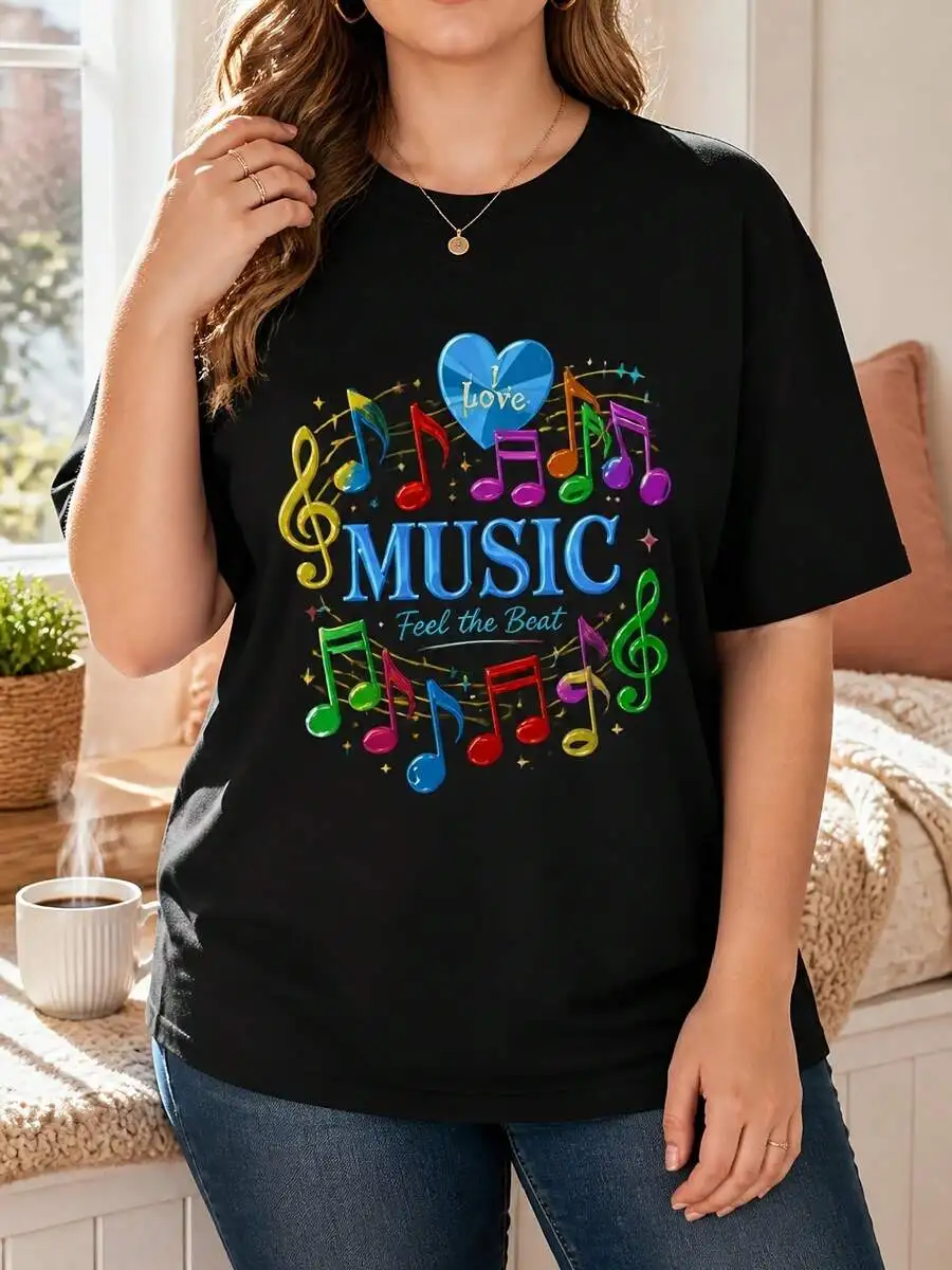 Casual Style, Women's T-Shirt, Colorful Music Notes And Love Heart Graphic, Summer Spring Wear, Soft Cotton Fabric, Gift For Music Lovers Or Friends