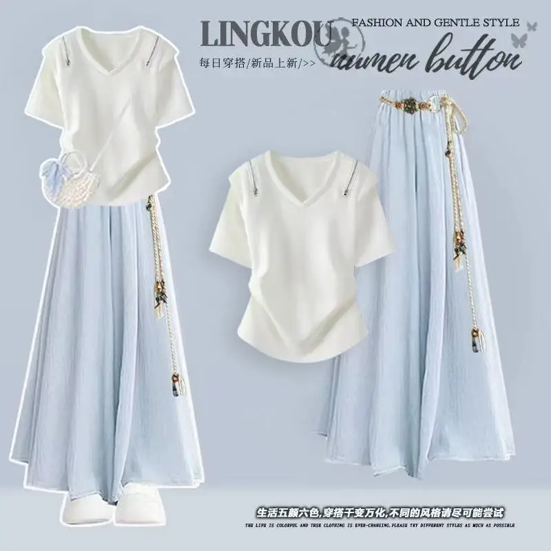 2026 Summer Set, Women's High End, Age Reducing Shoulder T-shirt+Retro Slimming Casual Skirt and Pants Two-piece Set