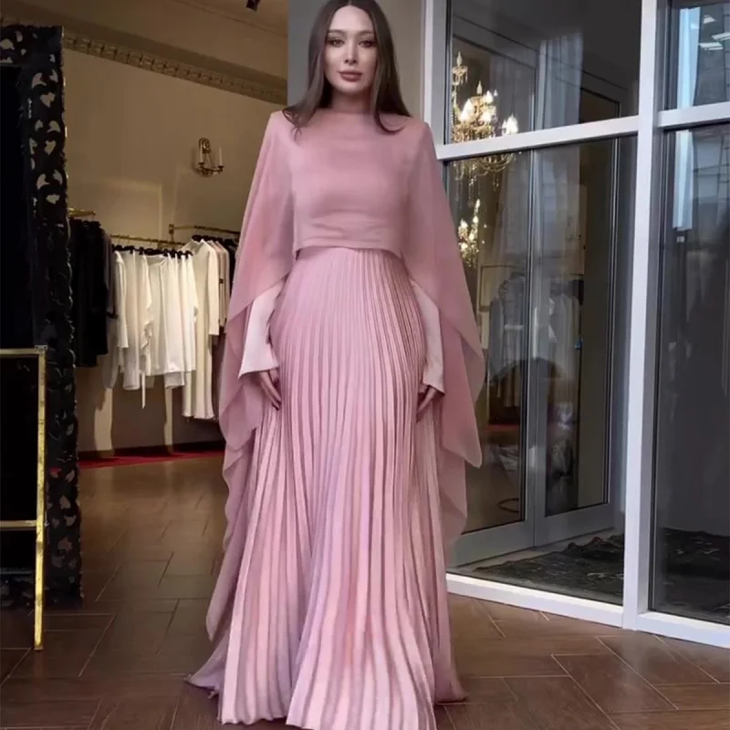 

2025Autumn New Pink Pleated Elegant Waist-Cinching Long Sleeve Dress Set for Women