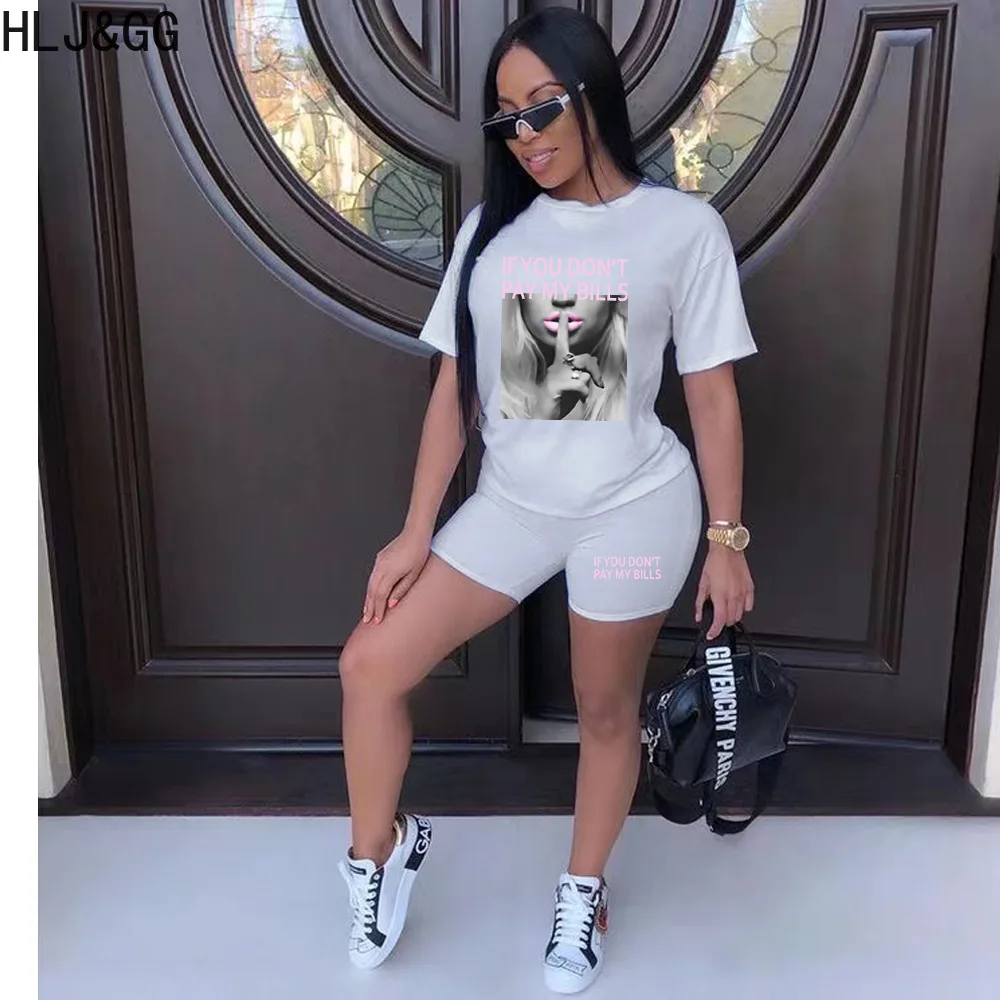 

HLJ&GG Fashion Y2K Hot Girl Streetwear Women Round Neck Short Sleeve Tshirt + Shorts Two Piece Sets Female Matching 2pcs Outfits