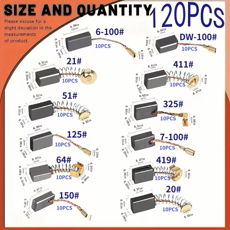 

120Pcs, 12 Specifications, 10Pcs Per Specification, Electric Tool Carbon Brushes, Suitable for Various Types of Electric Hammers, Angle Grinders, Circular Saws, Etc