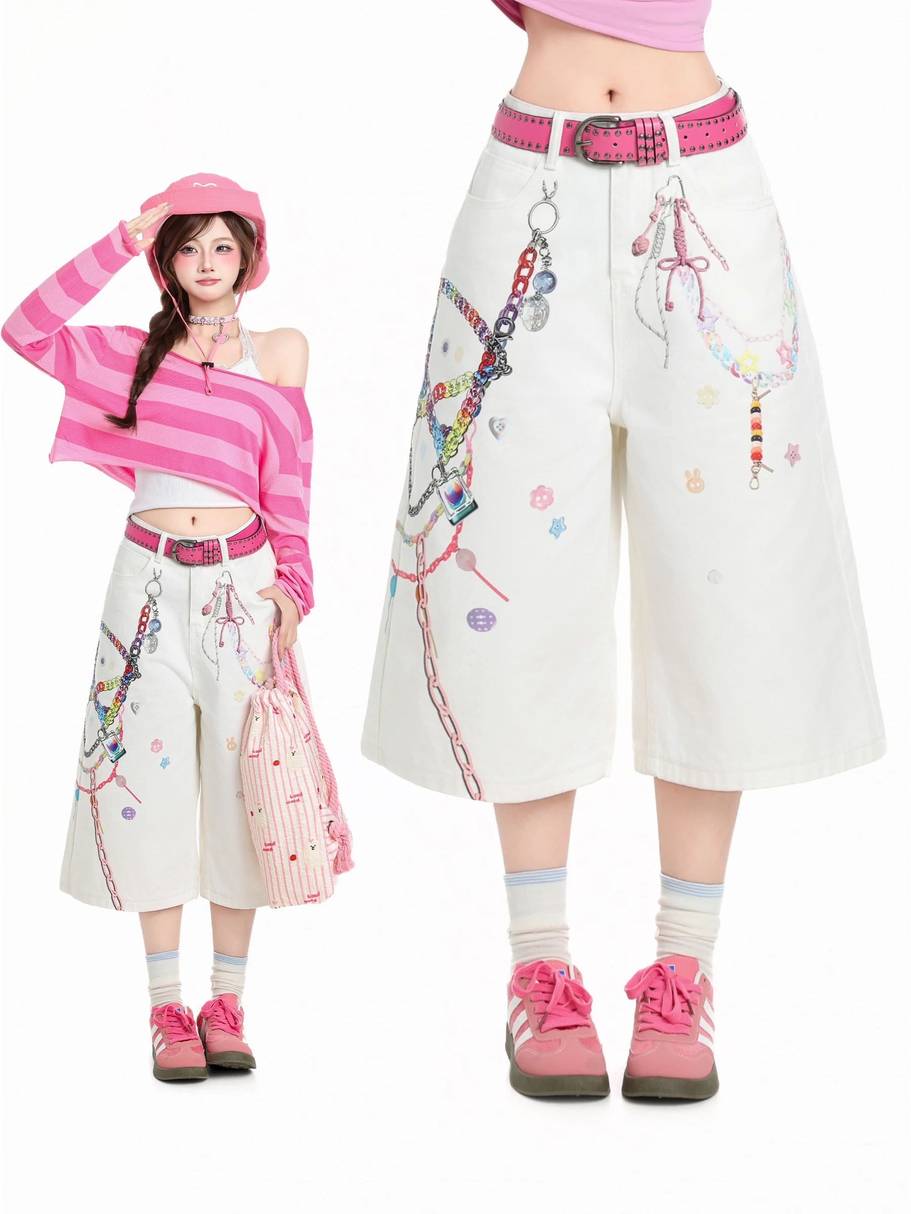

HM American Sle 3D Chain Print Seven-Foot Women's Jeans Summer New High Waist Loose Wide Leg orts Pants