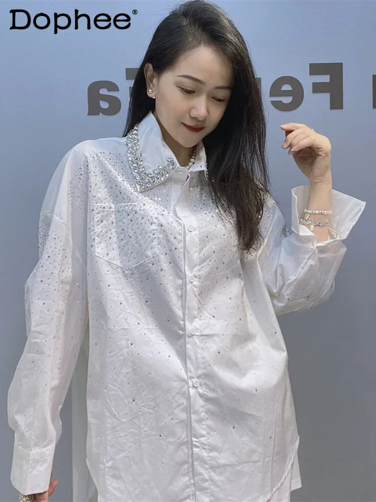 

Fashion Rhinestone Loose Lapels Black Shirt Womens Tops Autumn New Elegant Handmade Bead Long Sleeve Shirts White Shirt