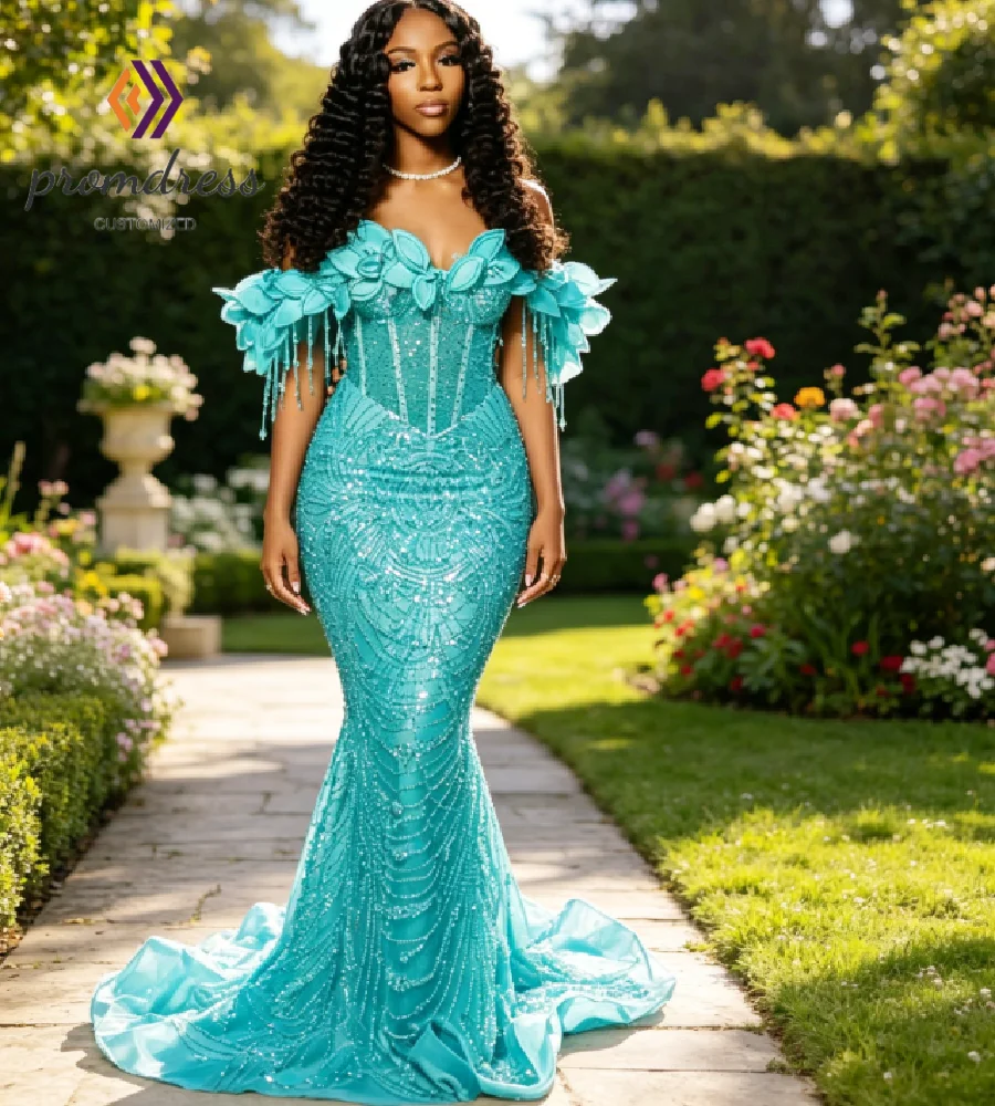 Turquoise Off Shoulder Mermaid Prom Dress 3D Flower Fringe Beaded Corset Evenin…