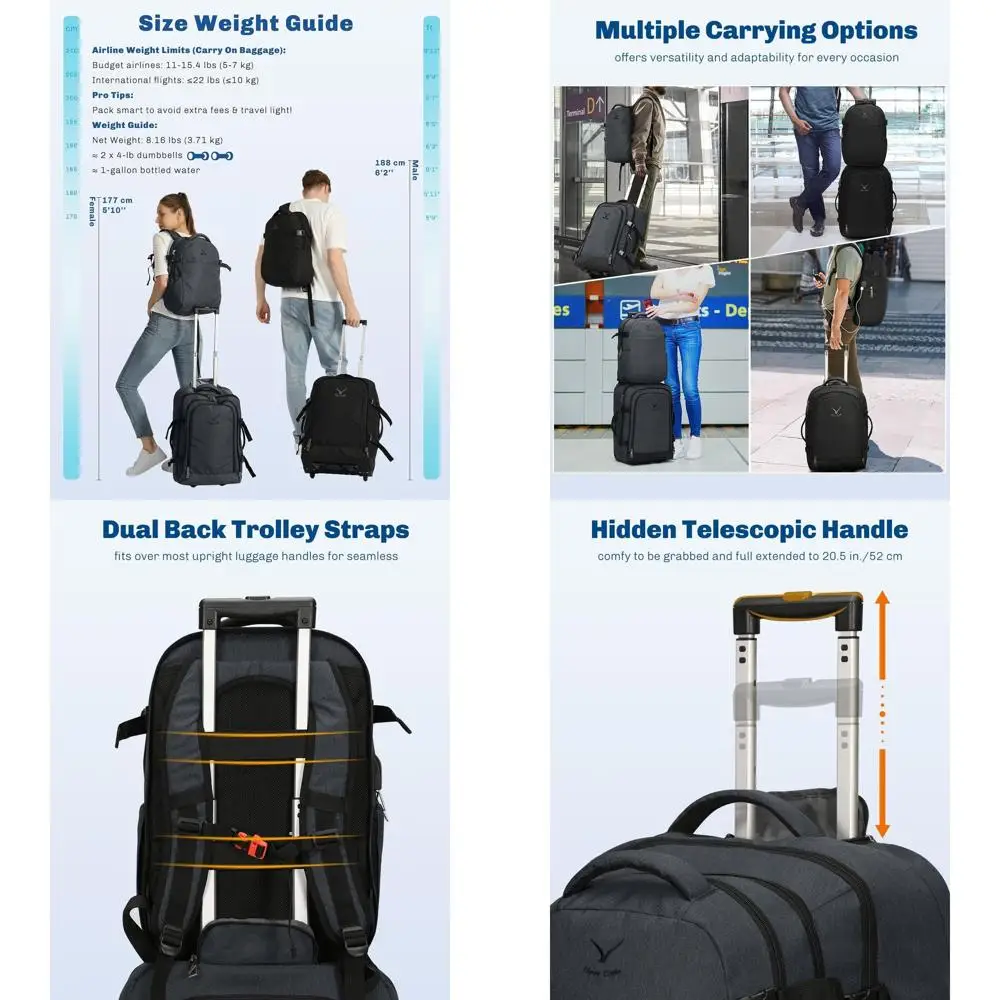 

22 Hynes Eagle 63L 2-in-1 Rolling Backpack & Carry-On Luggage with 3-Piece Packing Cubes