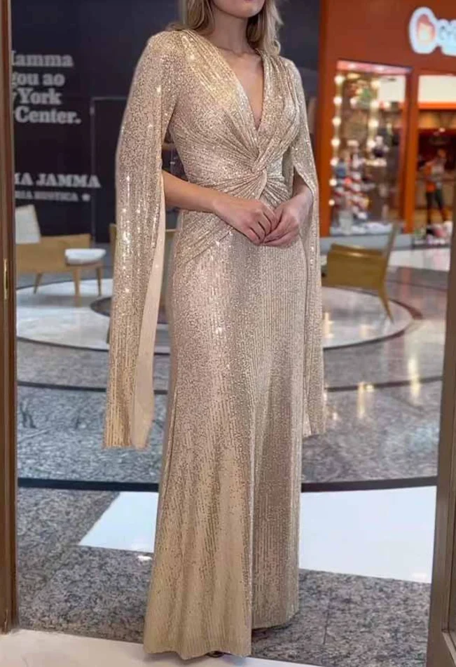 Neue Mode Sexy Langarm V-ausschnitt Pailletten Einfarbig Slim Fit Kleid Für Frauen, 7 Farben