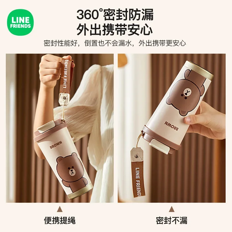 500ml Brown New Cartoon Portable Rope Insulated Cup Line Friends Stainless Steel Large Capacity Insulated Double Drink Straw Cup