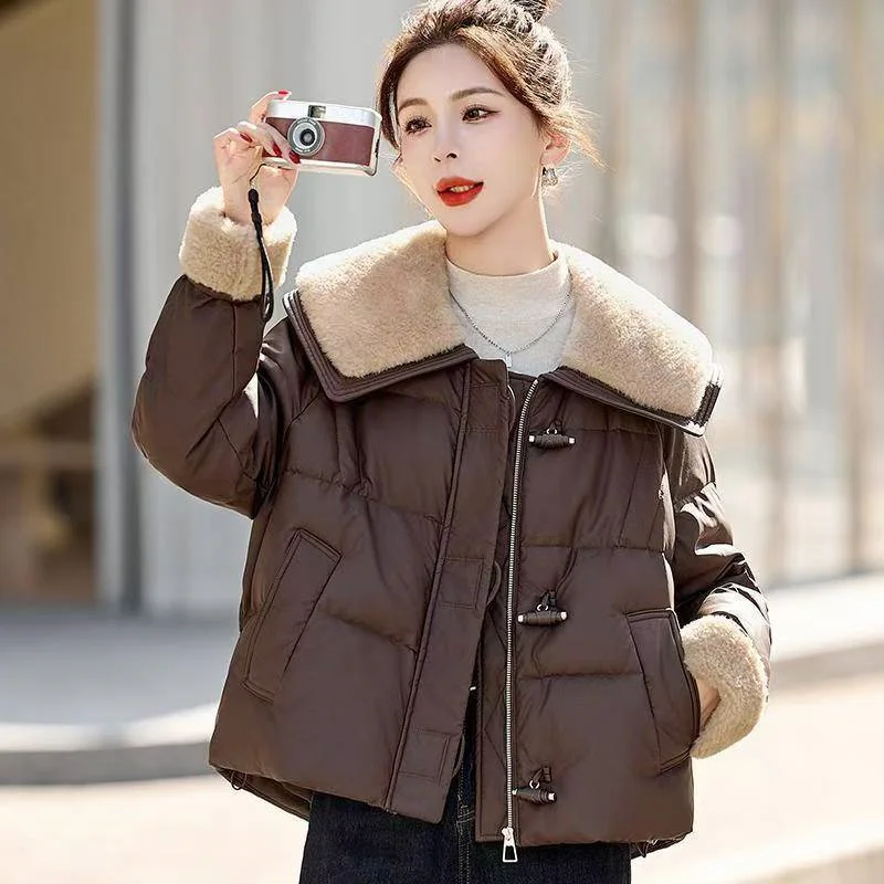 

Женская зимняя парка, пальто 2025 года, повседневная корейская версия, женская верхняя одежда, темпераментная женская пуховая хлопковая куртка с утолщенным воротником с лацканами