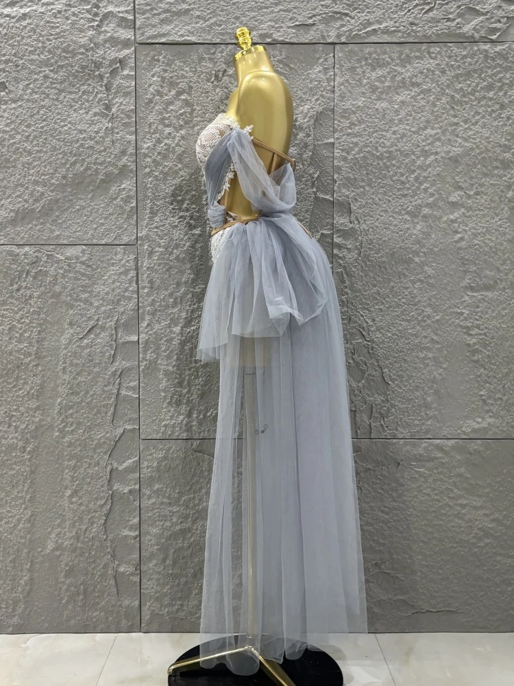 Conjunto de dos piezas de falda superior de malla con espalda descubierta, traje de actuación para Festival, fiesta de noche de cumpleaños de lujo, glamuroso y Sexy