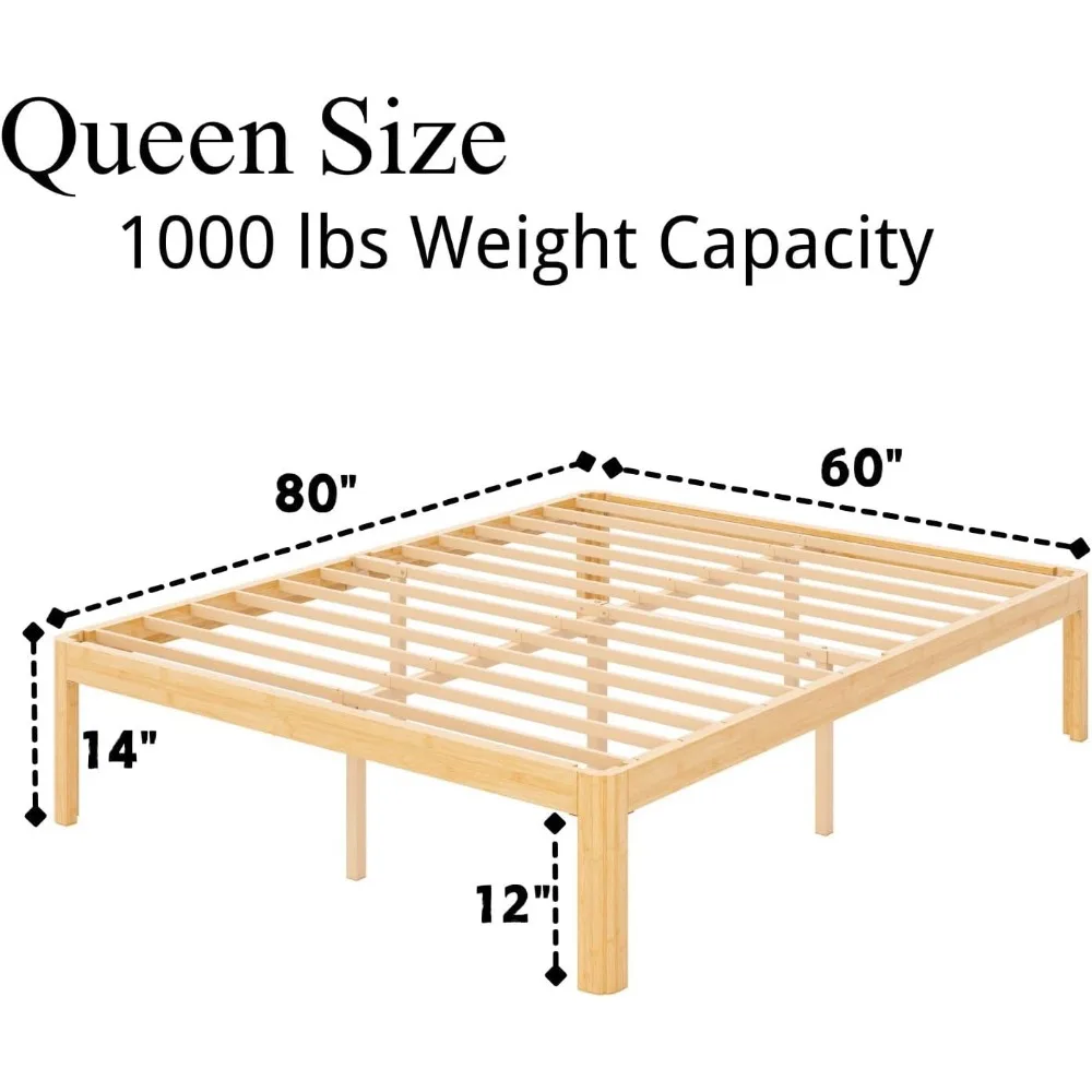 14 Inch Queen Bamboo Platform Bed Frame with Modern Minimalist Style, Strong Support, Simple Assembly, No Box Spring Needed