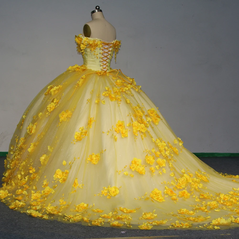 Elegant Sweetheart Yellow Quinceanera Dress Charming Off The Shoulder Party Dress Ball Gown Flower Girl Sweet 16 Gown Vestidos