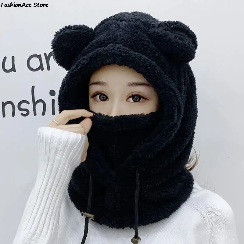 Cute Winter Earflaps Plush Bear Ears Hats adult Warm Mask for Outdoor Women Bonnet Hood