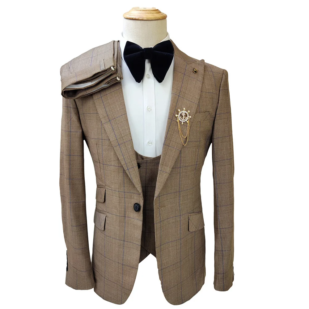 

2024 Custom Latest design Formal plaid wedding suits for men Fashion groom prom Blazer male slim fit tuxedos costume homme 남자 양복