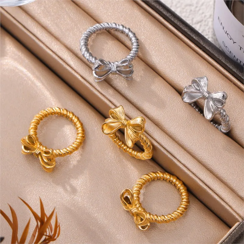 Stainless Steel Bowknot Rings For Women Gold Silver Color Waterproof Women\'s Twisted Ring Cute Girls Ring Luxury Woman Jewelry