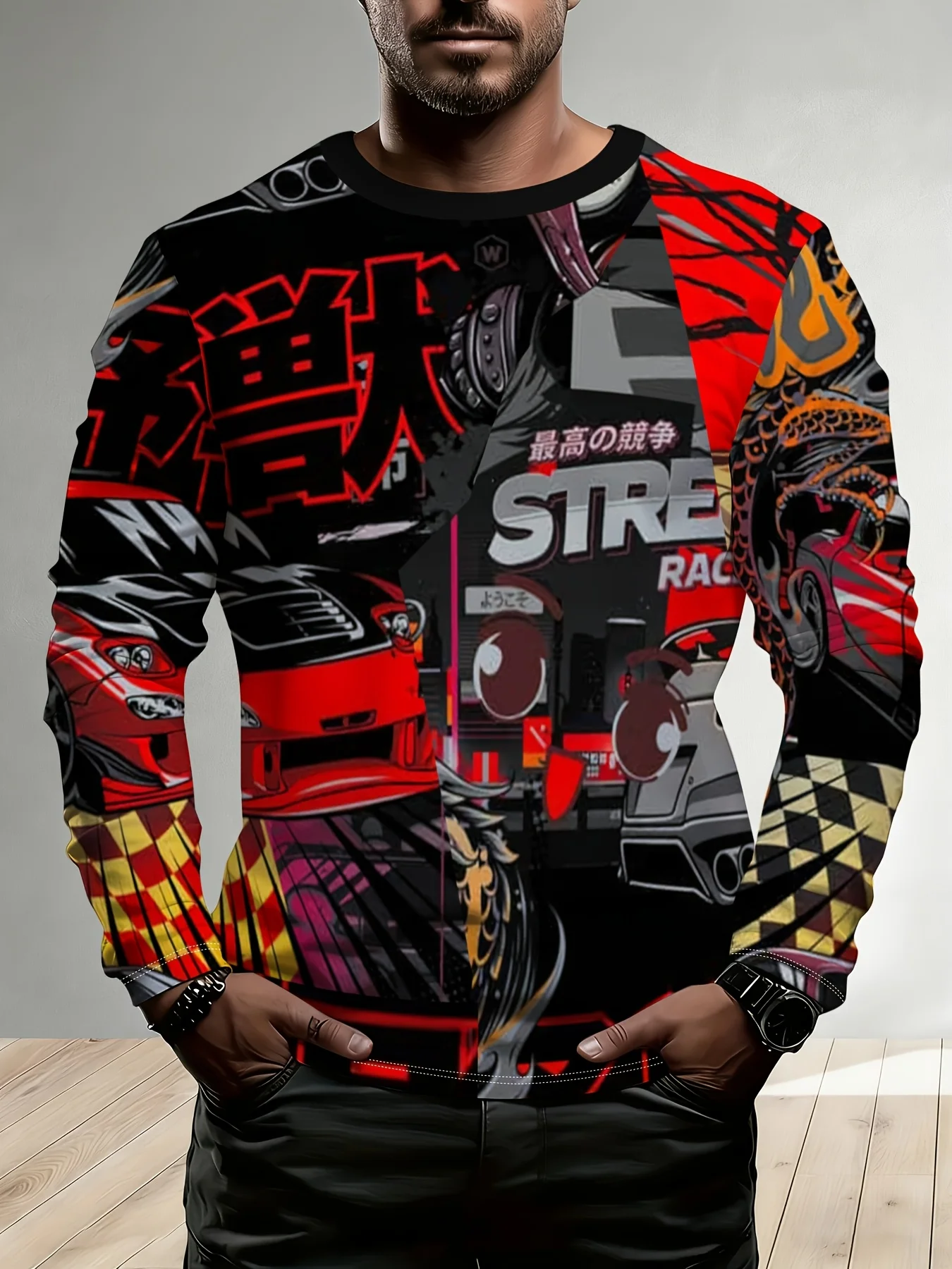 Men’s long-sleeve T-shirt featuring a black base with cool, edgy designs like red racing motifs—a dynamic, street-style look.