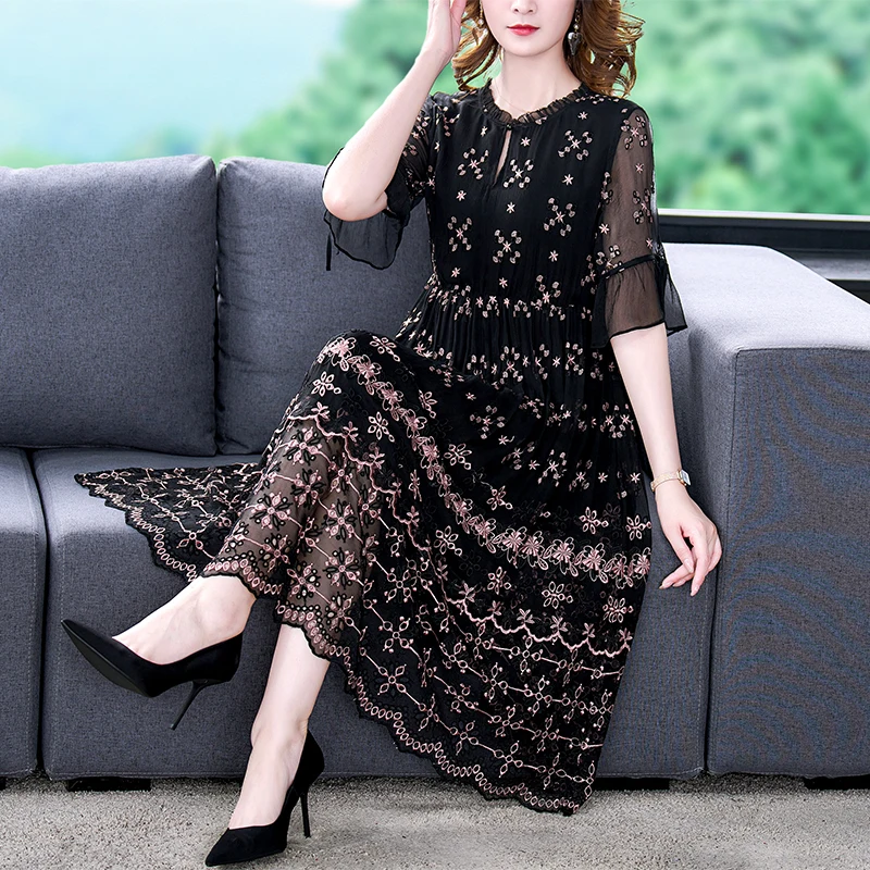 

2024 New Black Embroidery Mulberry Silk Hollow Out Sexy Midi Summer Light Elegant Women Korean Vintage Dress