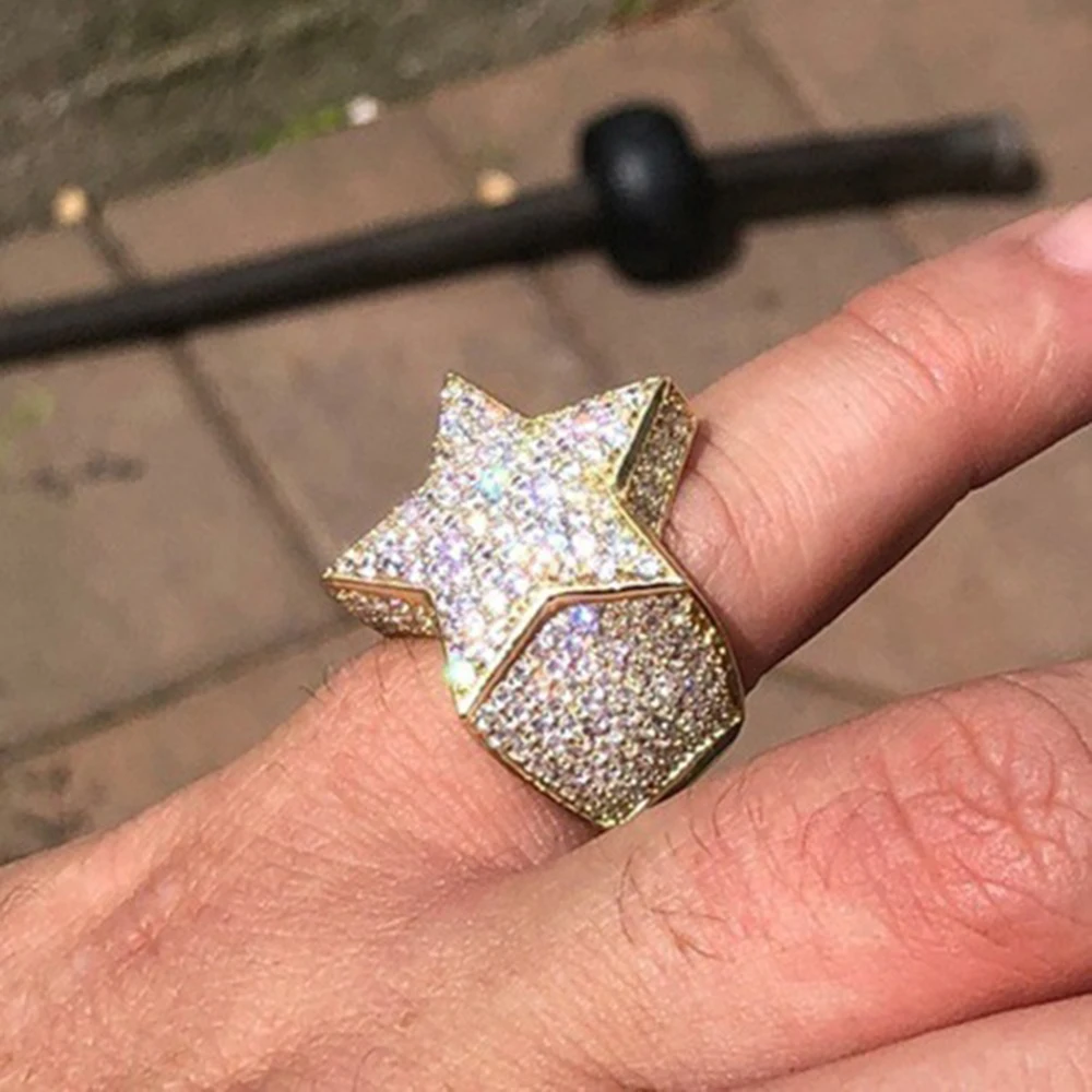 AZ Five-Star Iced Out Rings Men\'s Gold Silver Color Bling Cubic Zirconia Jewelry Ring Gifts Couple Wedding Rings Women Jewelry