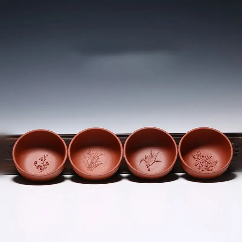 

4 tea cups 50ml handmade bamboo relief China yixing zisha kungfu tea cup marked