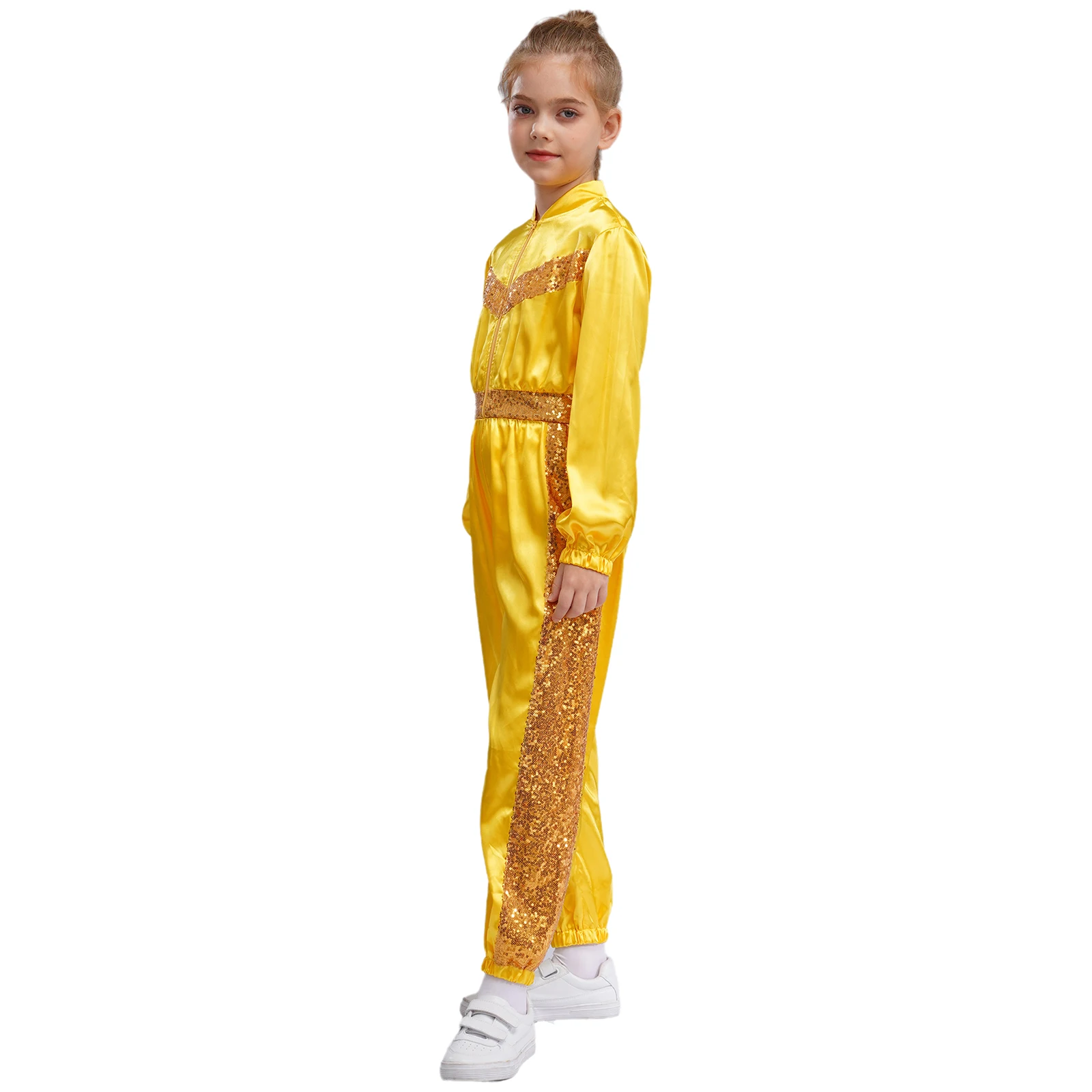 Kids Girls Shiny Sequins Satin Jumpsuit School Party Jazz Hip Hop Street Dance Performance Costumes Long Sleeve Zipper Bodysuit